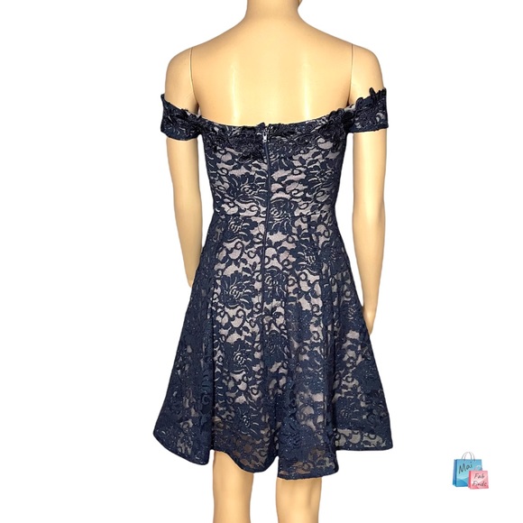 Sequin Hearts Off the Shoulder Navy Short Formal/cocktail Glitter Lace Dress 0 - Picture 2 of 9